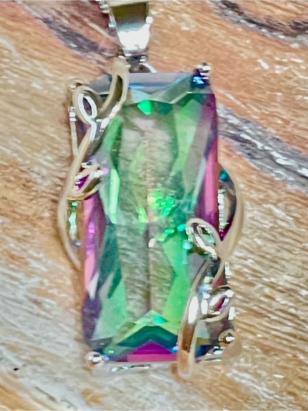 Multicolor AB Stone Pendant Necklace in Green and Pink Tones Set in Sterling - Picture 2 of 4